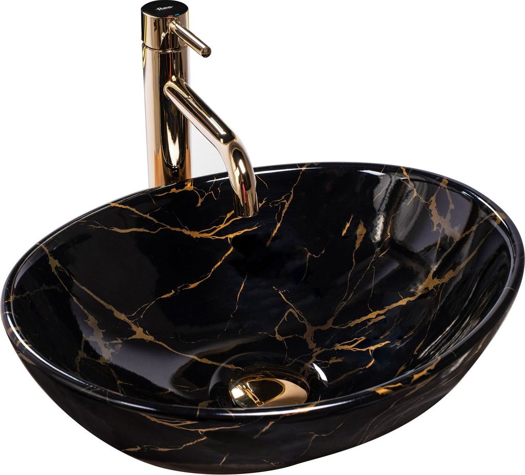 A black oval basin with gold veining and a gold faucet, presented against a white background.