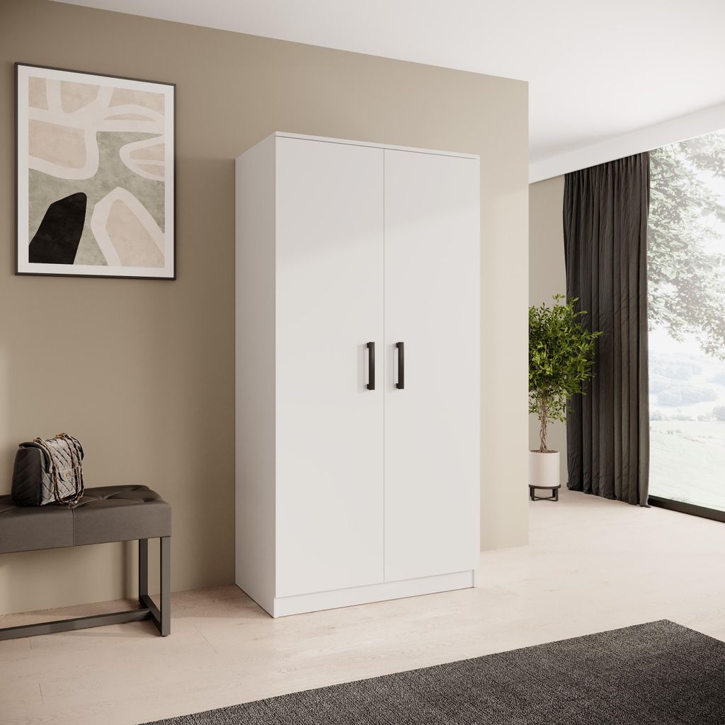 BEAUTYSOFA | Drehtürenschrank TREND 90 cm Weiß, Moderner Kleiderschrank mit Schubladen, Kleiderstange & Regalen - Soft-Close-System