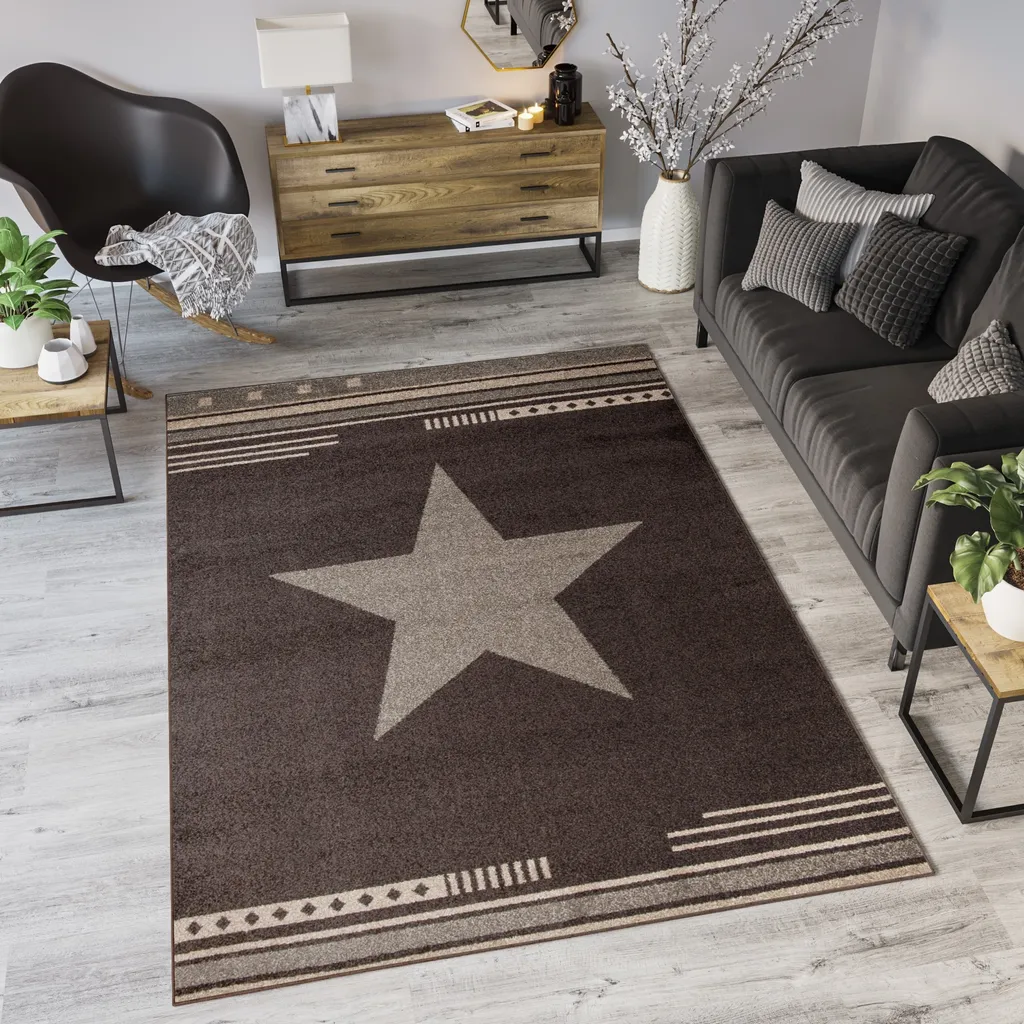 Grand Tapis de Chambre 140 x 190 cm Design Moderne Rayé et Étoilé
