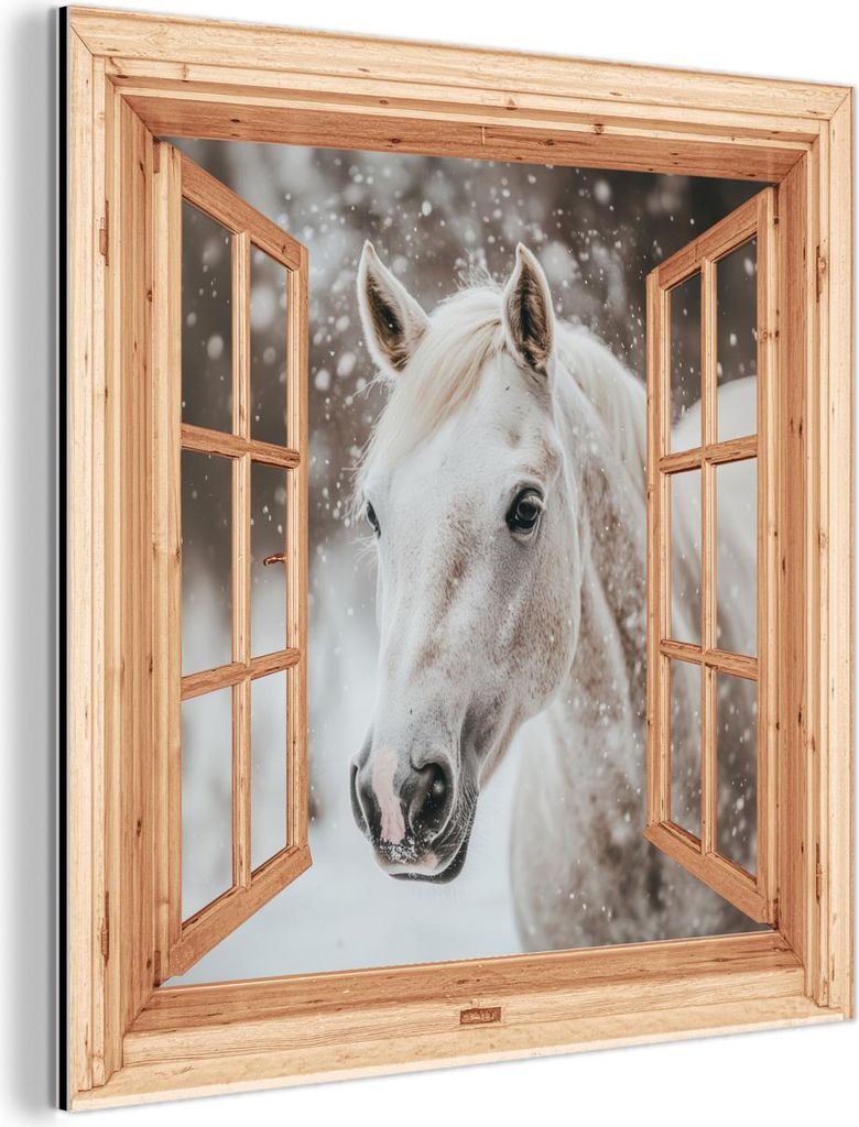 MuchoWow Wanddekoration Metall Metallbild Wandkunst 50x50 cm Durchsichtig - Pferd - Weiß - Winter - Tiere MuchoWow Aluminium Gemälde - Alubild - ...