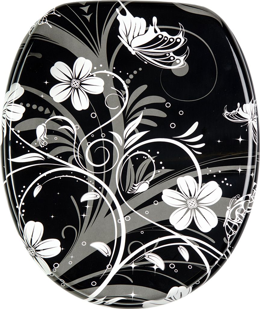 A toilet seat with a black background and a white floral and butterfly design.