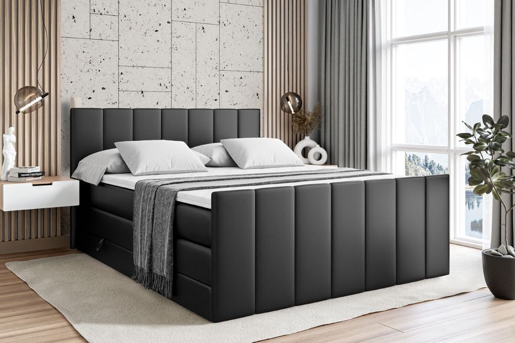 ALTDECOR Boxspringbett mit Fußteil, 2 Matratzen und Topper - 160x200 cm - MOETI-Z KING - Schwarz Kunstleder - Polsterbett mit, H3- und H4- Matratz...
