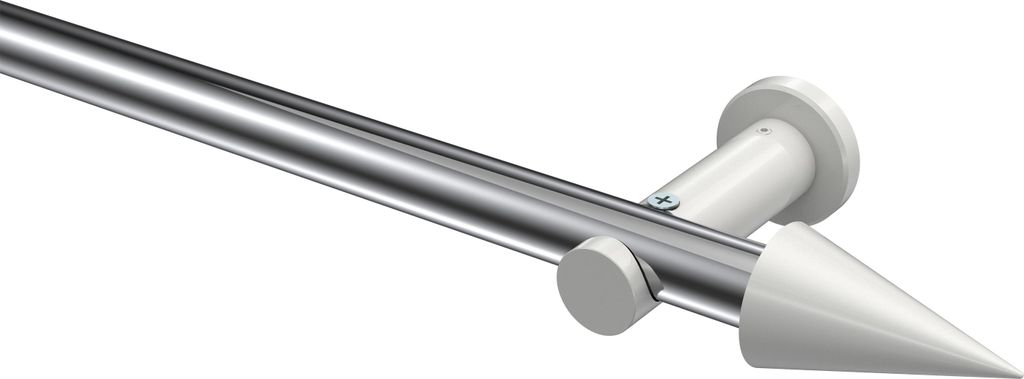 Interdeco Gardinenstange / Vorhangstange Chrom / Weiß, Typ Platon Savio (Kegel) ohne Ringe, 20 mm Ø 1-läufig, 320 cm