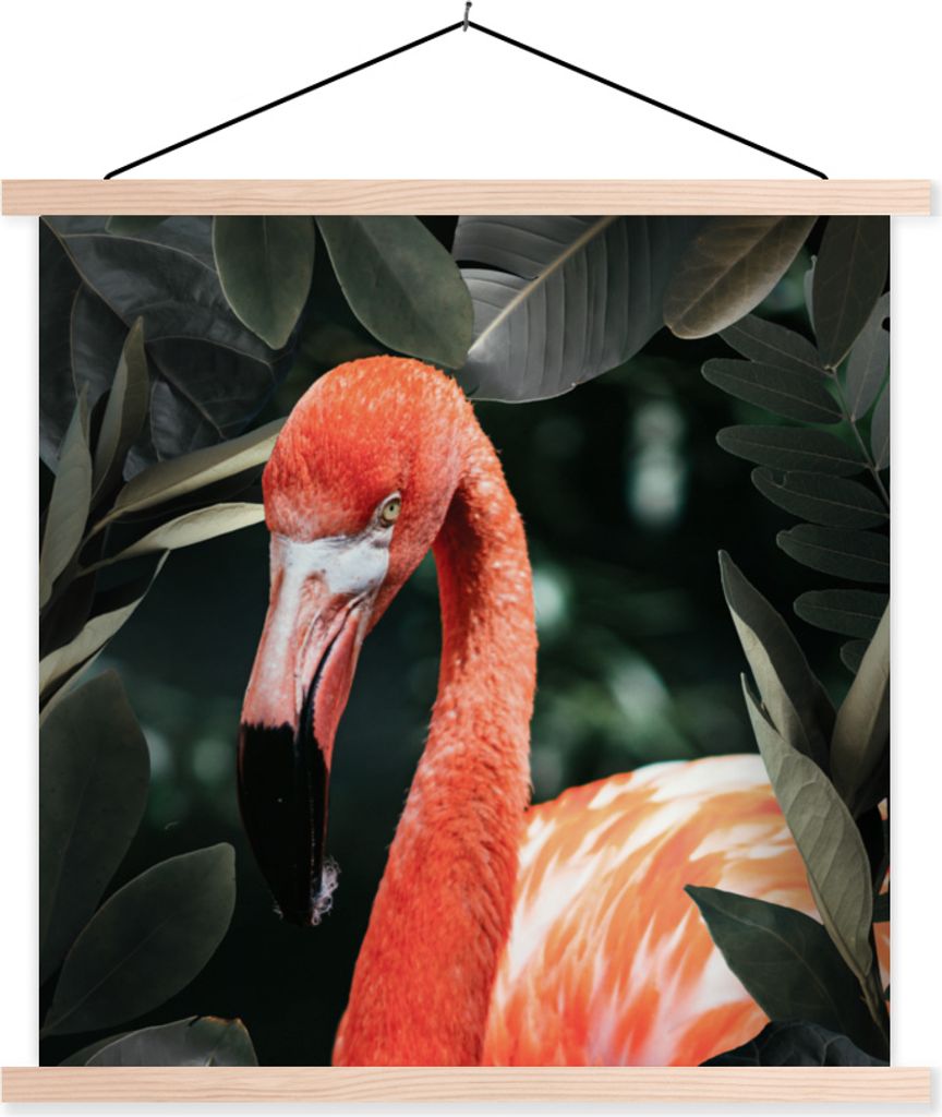 MuchoWow Textilposter Flamingo - Blätter - Porträt 120x120 cm mit holzfarbenen Rahmen - Textil-Poster