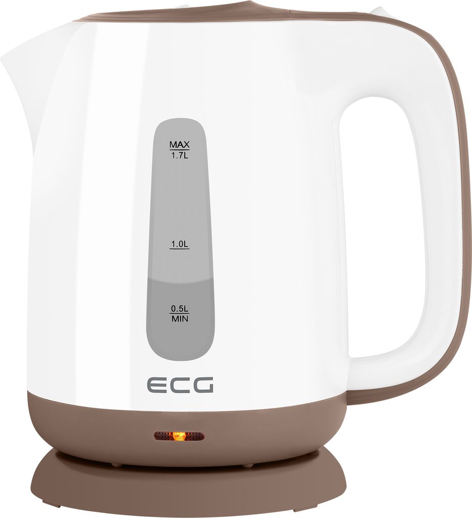 A white and brown electric kettle is shown against a white background.