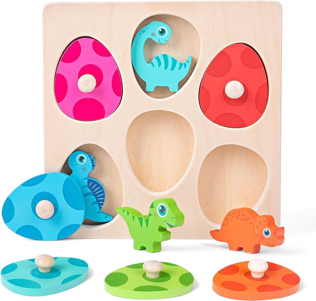 Holzpuzzle ab 1 Jahr | Baby Holzspielzeug Dino Eier Mädchen | Kinder Greifpuzzle Motorikspielzeug Sortierspiel Geburztag Weihnacht Ostern Geschenk