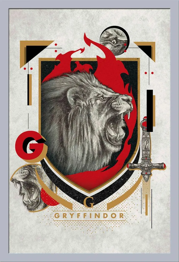 Cadre Mural Harry Potter Gryffindor avec affiche 61x91cm argent satiné