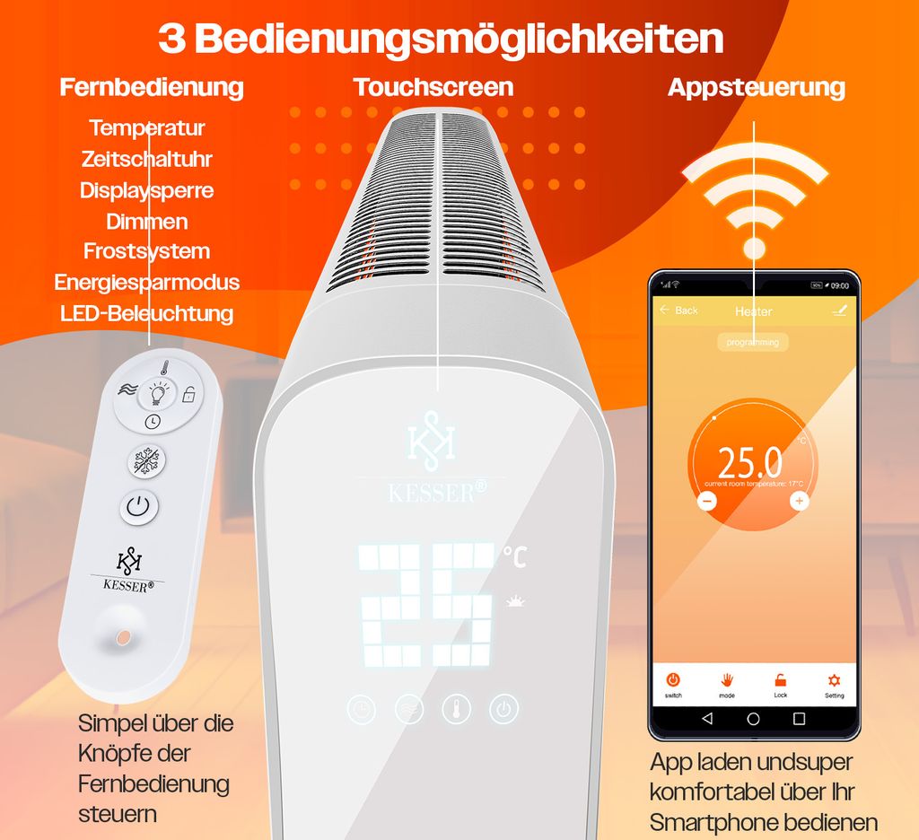 KESSER Convecteur Premium 1200 W ECO 2400 W Mode Power Mode Thermostat Chauffage électrique Application WiFi Et Télécommande Écran Tactile Minuterie Chauffage Mobile Économie D'énergie Protection