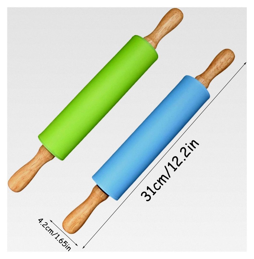 2 Stück Silikon Teigroller, Backrolle, Antirost Roller für Kuchen, Pizza, Fondant und Kekse (Blau+Grün)