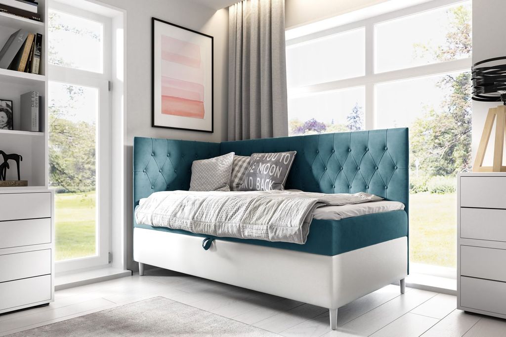 Kontinentales Bett 100x200 KAILI 3 - blau/weiß, links zu öffnend + GRATIS Matratzenauflage