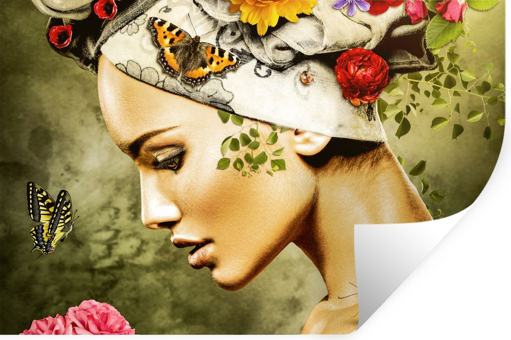 MuchoWow Wandtattoo Wandsticker Wandaufkleber Frau - Blumen - Farben - Schmetterlinge - Rosen - Kopftuch 90x60 cm Selbstklebend und Repositionier...