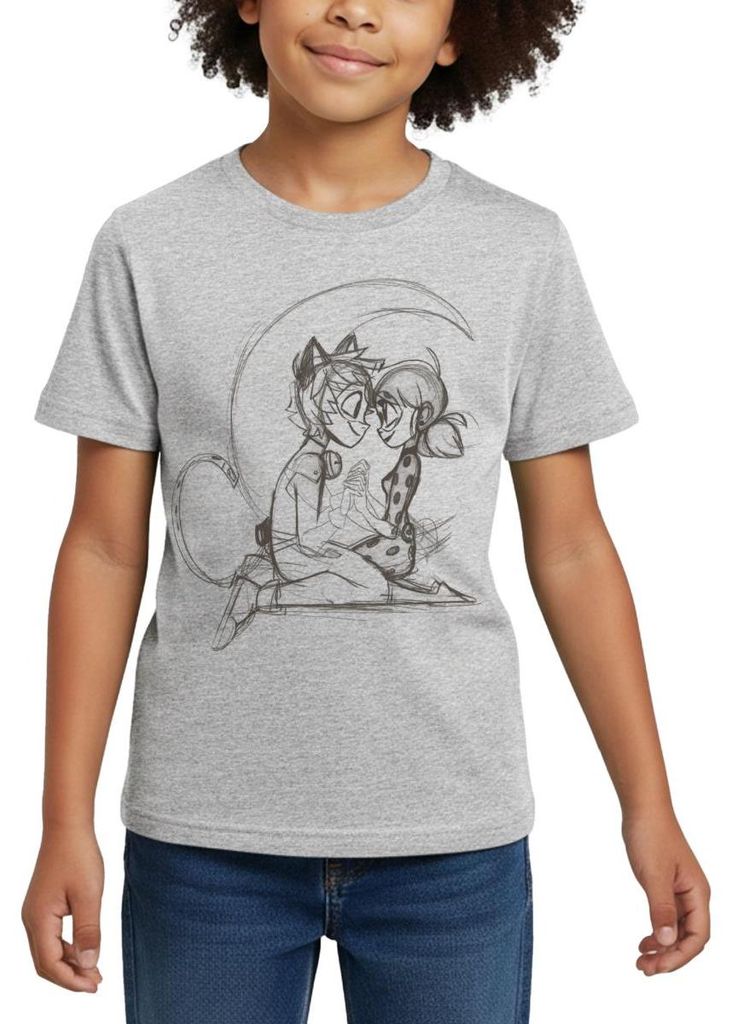Spreadshirt Miraculous Ladybug Und Cat Noir Zeichnung Kinder T-Shirt, 98/104 (3-4 Jahre), Grau meliert