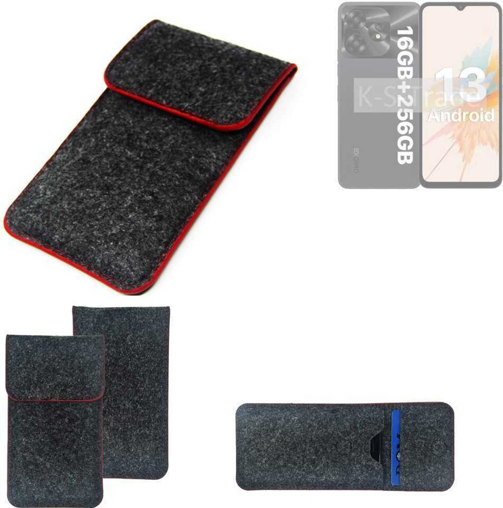 K-S-Trade Handy Schutz Hülle kompatibel mit UMIDIGI A15T Schutzhülle Handyhülle Filztasche Pouch Tasche Case Sleeve Filzhülle dunkelgrau roter