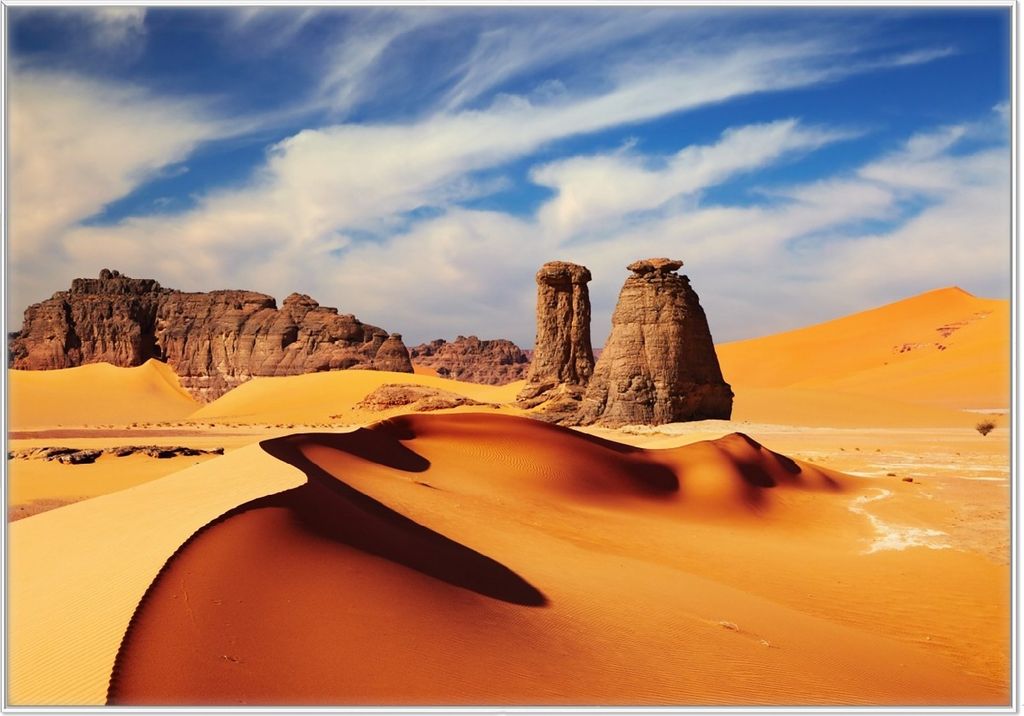 Wallario Wandbild Felsen und Sand in der Sahara Wüste, Größe: 70,30 x 100,30 cm, Poster mit weißem Kunststoffrahmen