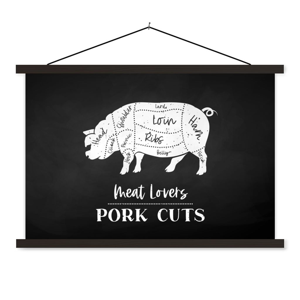MuchoWow Textilposter Küche - Schwein - Metzger 60x40 cm mit schwarzem Rahmen - Hölzernes