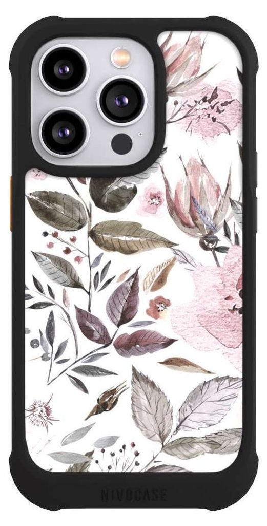 NIVOCASE Hülle für Apple iPhone 14 Pro Stoßfeste Handyhülle NIVOmax Case Schwarz Blumen Pastell Wasserfarbe
