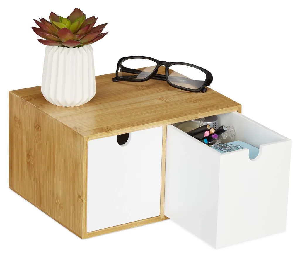 Rangement de bureau pour télétravail avec tiroirs bambou et bois MDF