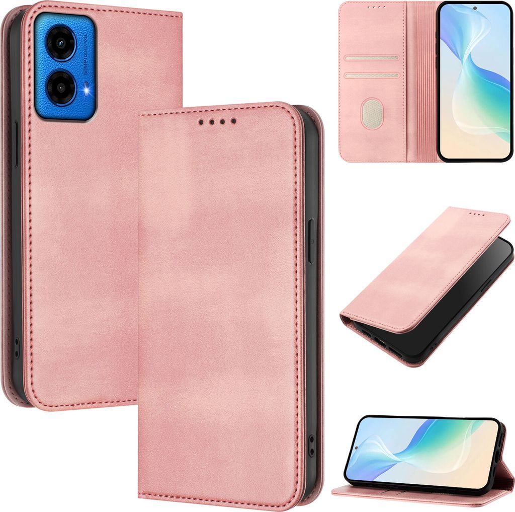 Handyhülle für Motorola Moto G45 / G34, Vintage Leder RFID Schutz Kartenfach Standfunktion Magnetische Klapphülle Pink