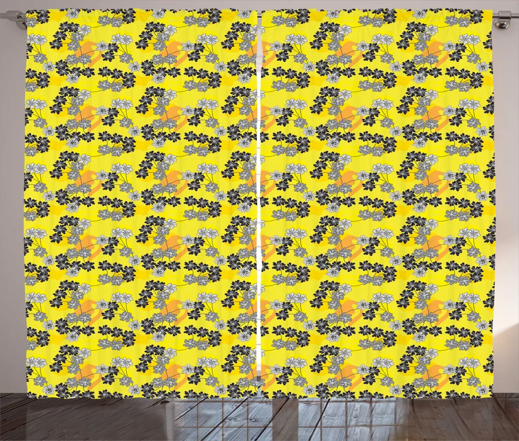 Rideau champêtre fleurs gris et jaune 280x225 cm avec crochets inclus