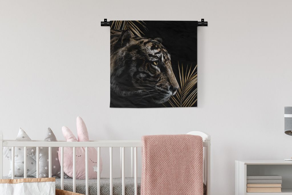 MuchoWow Wandteppich Wandbehang Tiger - Farn - Schwarz 60x60 cm Tapisserie Dekoration Wandtuch - Dekorationen - Wand Decke