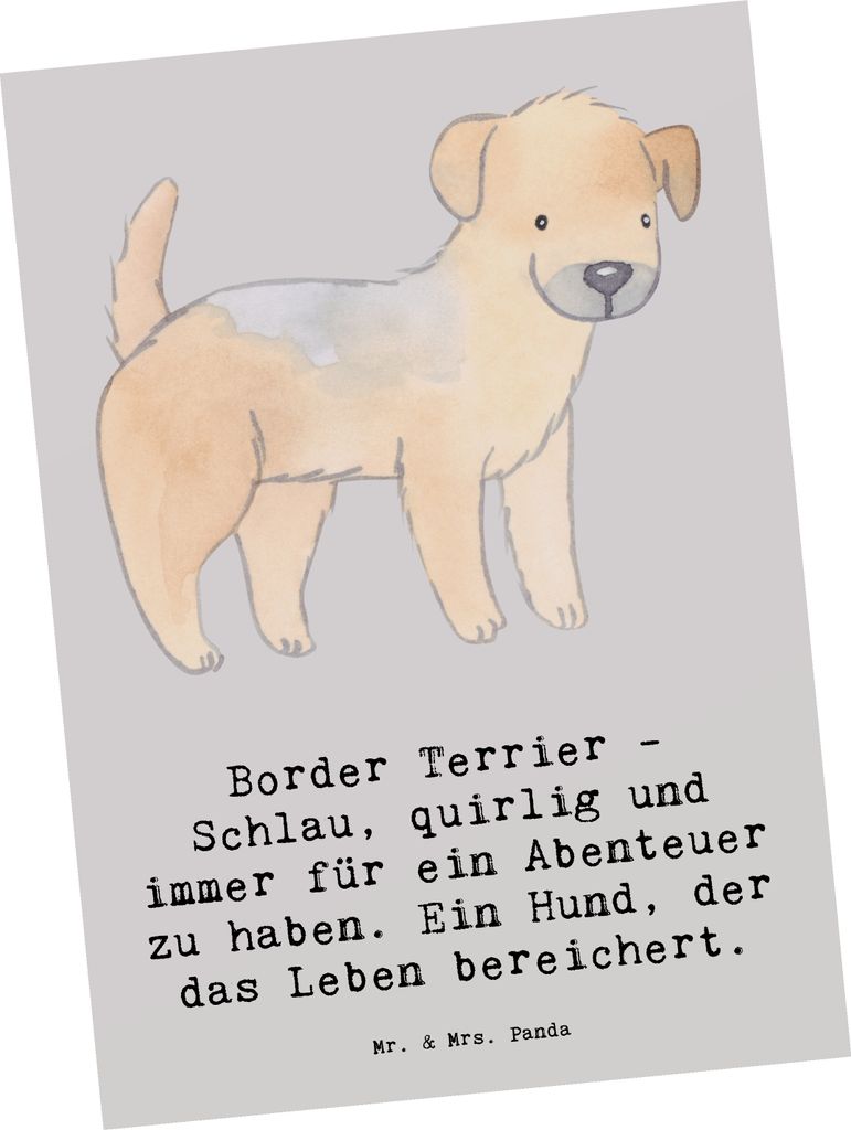 Mr. & Mrs. Panda Fotokarte Border Terrier Abenteuer - Grau Pastell - Geschenk, Hunderasse, Ansichtskarte, intelligente Hunde, kunstkarte, Kunstkart...