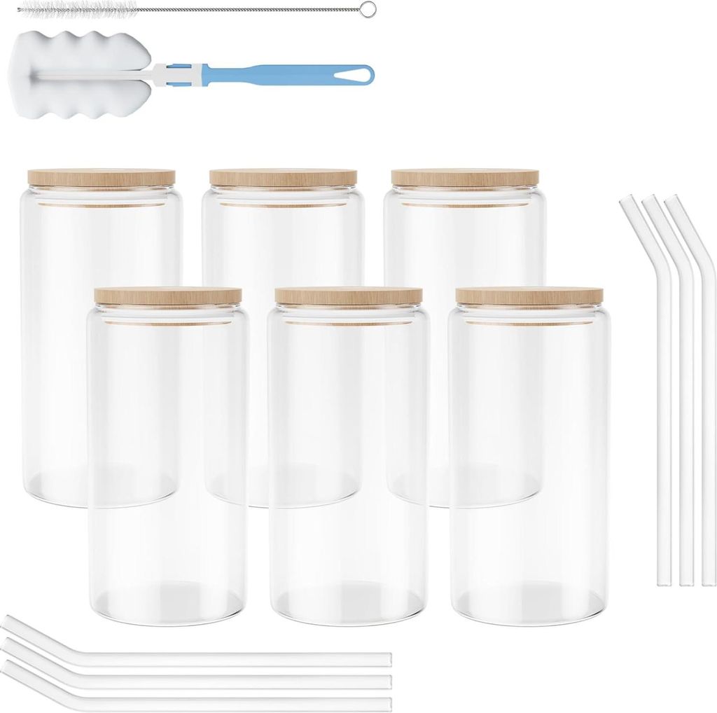 JOIEYOU Trinkgläser mit Deckel und Strohhalm 550ml Glasbecher Glas Gläser mit Reinigungsbürste Matcha Gläser Glaser Set für Eiskaffee Latte Ma...