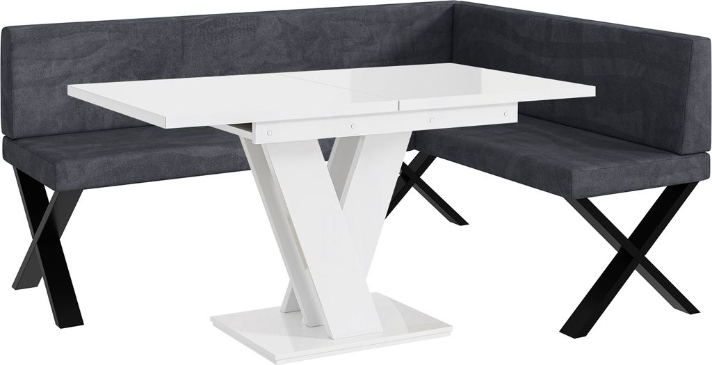 MEBLINI Eckbank für Esszimmer mit ausziehbarem Tisch - Küchenbank - Essecke - Sitzecke Küche - TONI - X-Beine 128x168x87cm Rechts - Dunkelgrau S...
