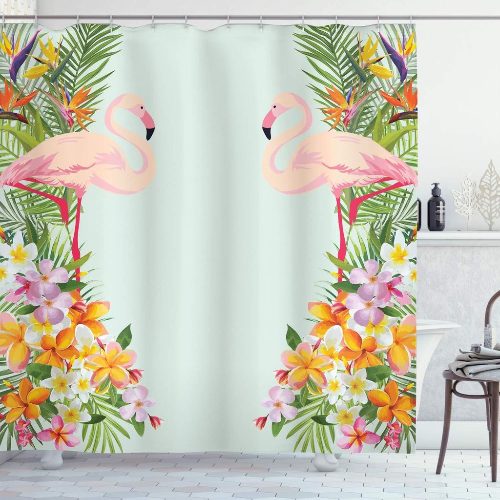 Duschvorhang mit Flamingomotiv, tropischen Blumen und Tieren, Badezimmer-Dekorationsset aus Stoff mit Haken, 175 x 180 cm, hellblau und orange