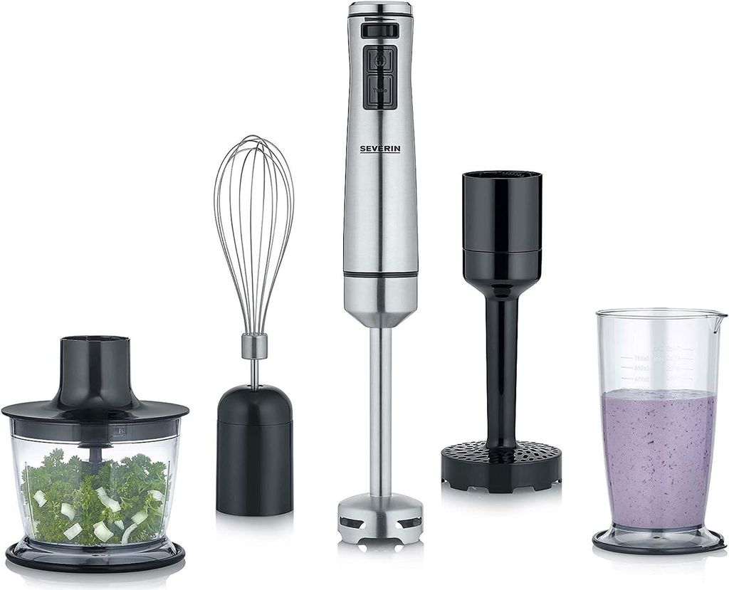 A collection of kitchen appliances, including an immersion blender, whisk attachment, chopper attachment, and blending cup with a purple smoothie.