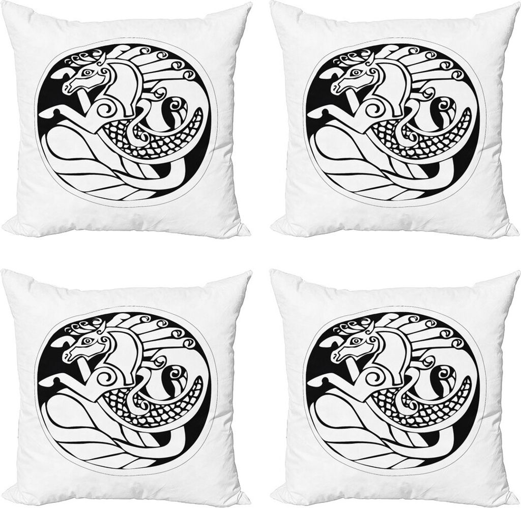 ABAKUHAUS keltisch Kissenbezug Set (4 Stück), Druidic Einhorn, Moderner Doppelseitiger Digitaldruck, 50 cm x 50 cm, Schwarz und weiß