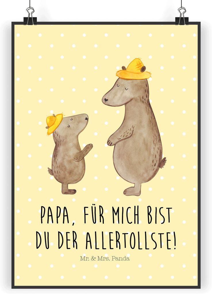 Mr. & Mrs. Panda Bild Bären mit Hut DIN A3 - Gelb Pastell - Geschenk, Family, Vater, Vatertag, Wandbild, Bär, wanddeko, Familie, drucke, Kunstdru...