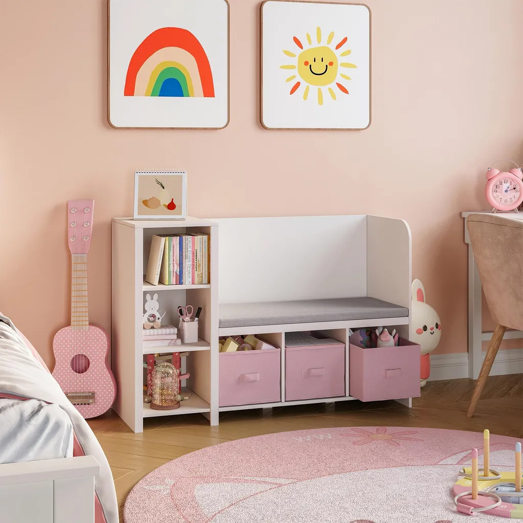 Scaffale Bambini con Panca Høylandet 112x76cm Bianco Rosa en.casa