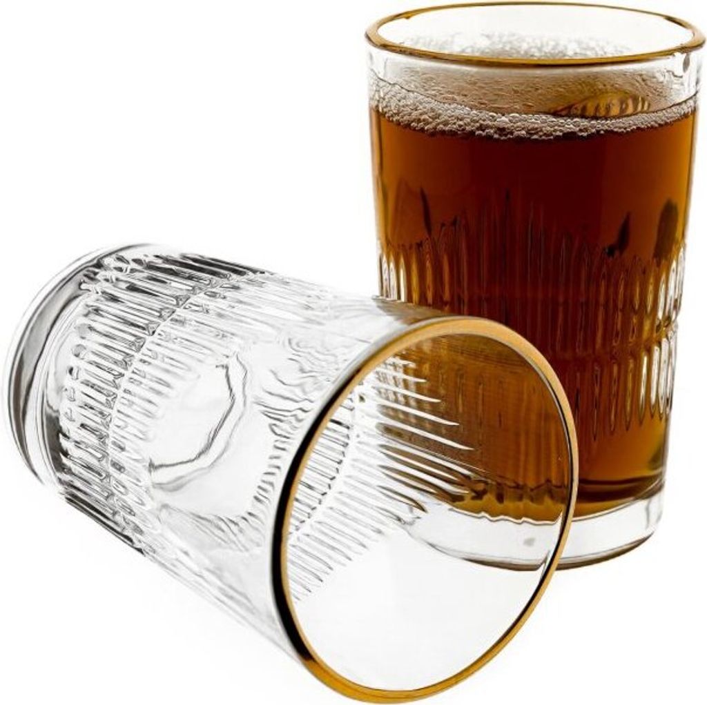 Gläser-Set mit Riffle-Design- 12 teilige Wassergläser mit Goldumrandung 150 ml