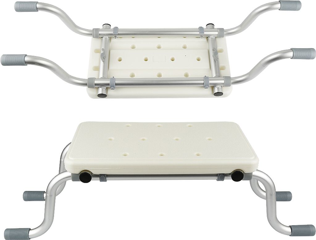 Two views of a white and silver shower stool with handles, shown against a white background.