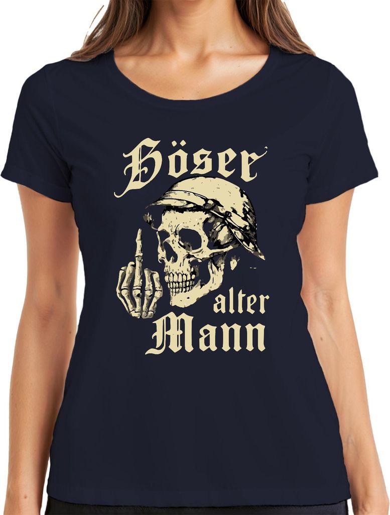 Totenkopf Skeletthand Mittelfinger Biker Rocker Böser alter Mann Damen T-Shirt, Navy, 3XL