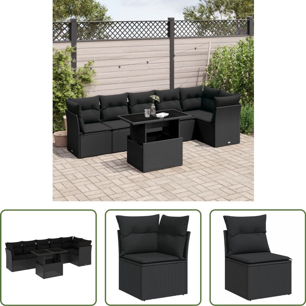 The Living Store 7-tlg. Garten-Sofagarnitur mit Kissen Schwarz Poly Rattan