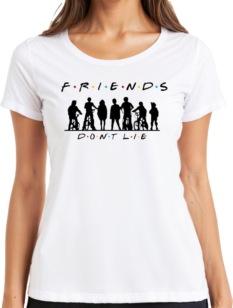 FRIENDS DON'T LIE Stranger Kids Fahrräder 80er Retro Hawkins Elf Damen T-Shirt, Weiß, S