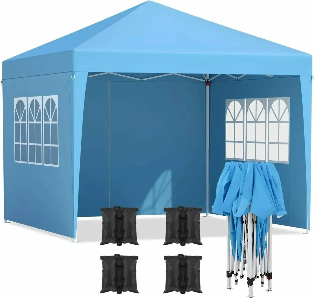 Pavillon de jardin 3x3m en acier et toile PU bleu avec 4 parois latérales