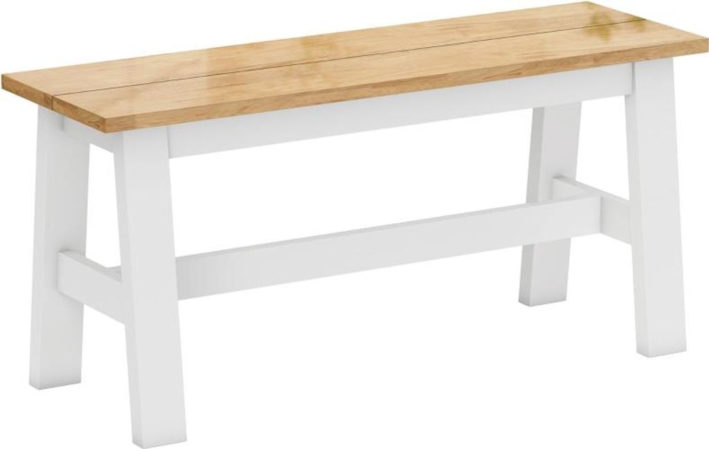 Bank für 2 Personen, Holzbank in Eichenoptik, stabilisierende Querstange, für Wohnzimmer, Esszimmer, Flur, Gummibaumholz, weiß.
