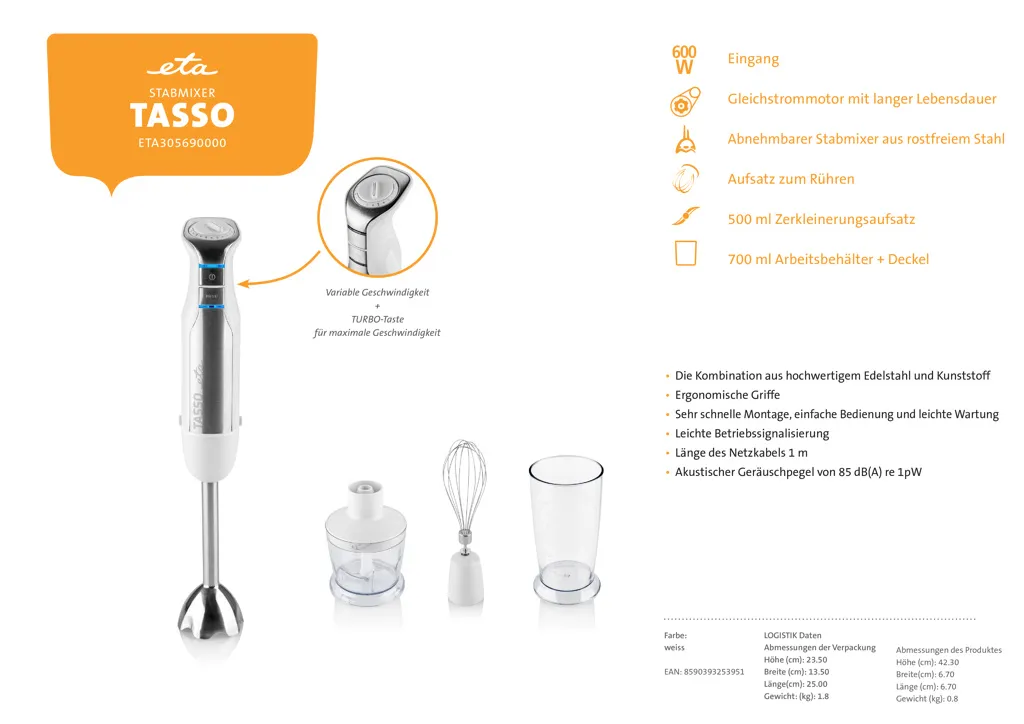 Minipimer ETA Tasso ETA305690000 600W | Acciaio Inox e Motore DC