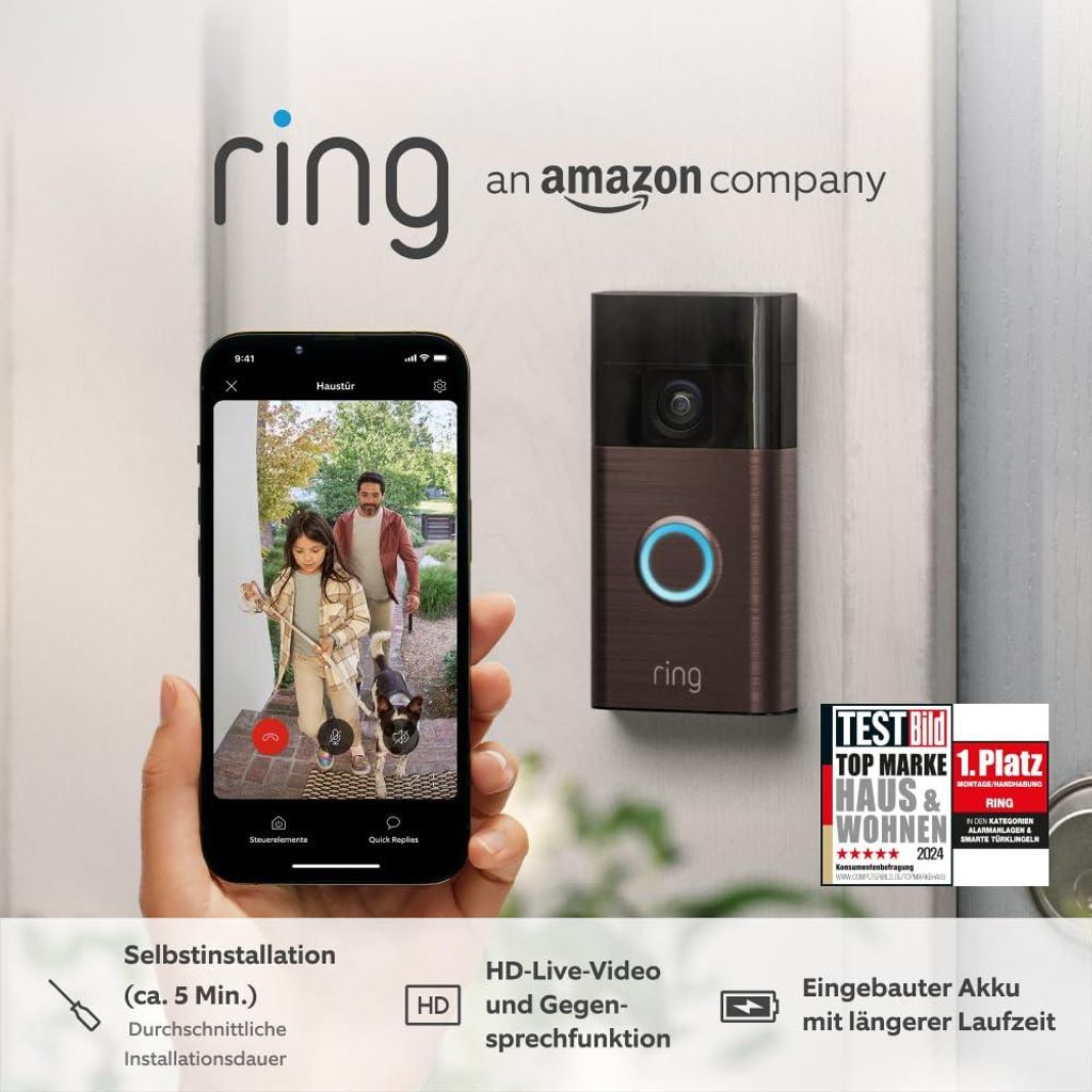 Ring Akku-Videotürklingel (Battery Video Doorbell) (2024) | WLAN-Videotürklingel-Sicherheitskamera, Selbstinstallation (in 5 Minuten) mit eingeba...