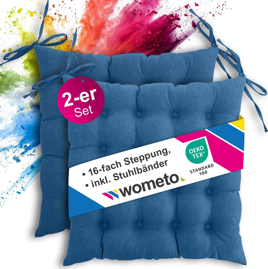 2er Set Sitzkissen Stuhlkissen 40x40 OEKO-TEX - türkis blau Sitzauflage Bank Polster Sitzpolster mit Bändern / Schleife, Indoor / Outdoor