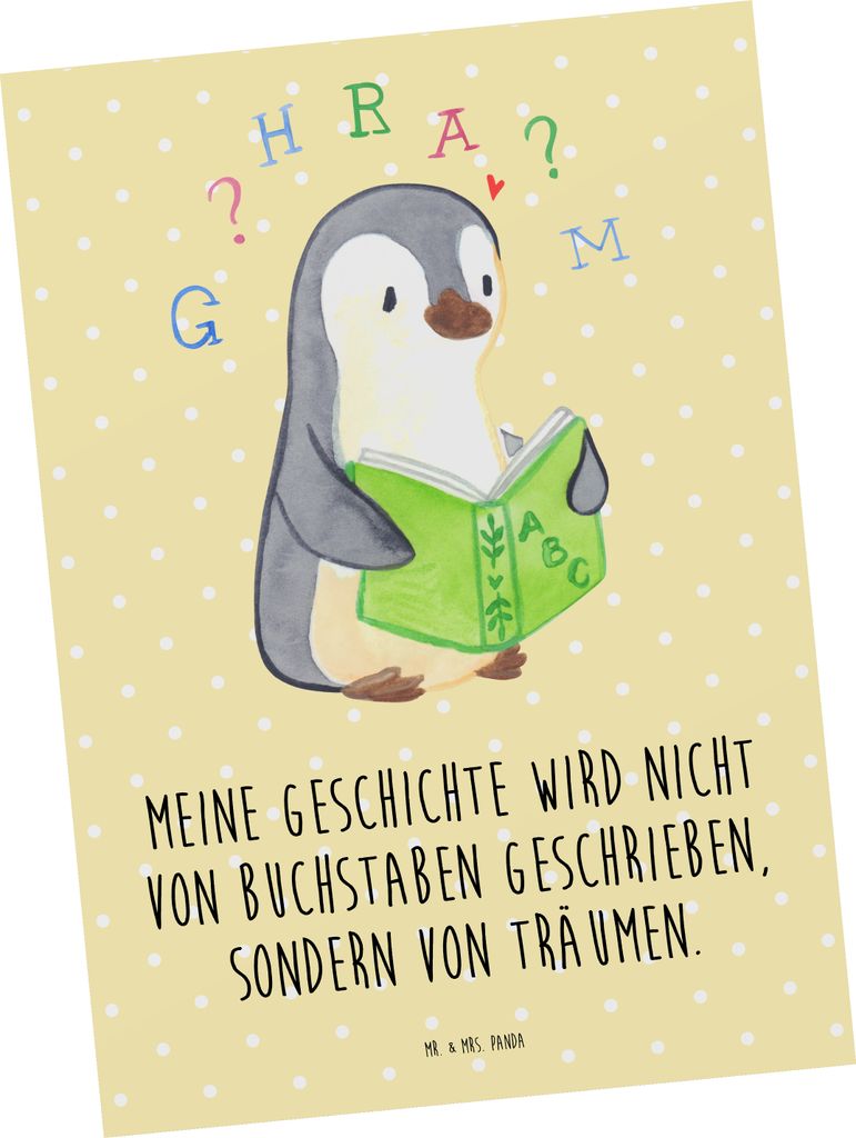 Mr. & Mrs. Panda Ansichtskarte Pinguin Legasthenie - Gelb Pastell - Geschenk, Kunstkarten, Postkarten, Postkarte, Ansichtskarten, Grußkarte, Recht...