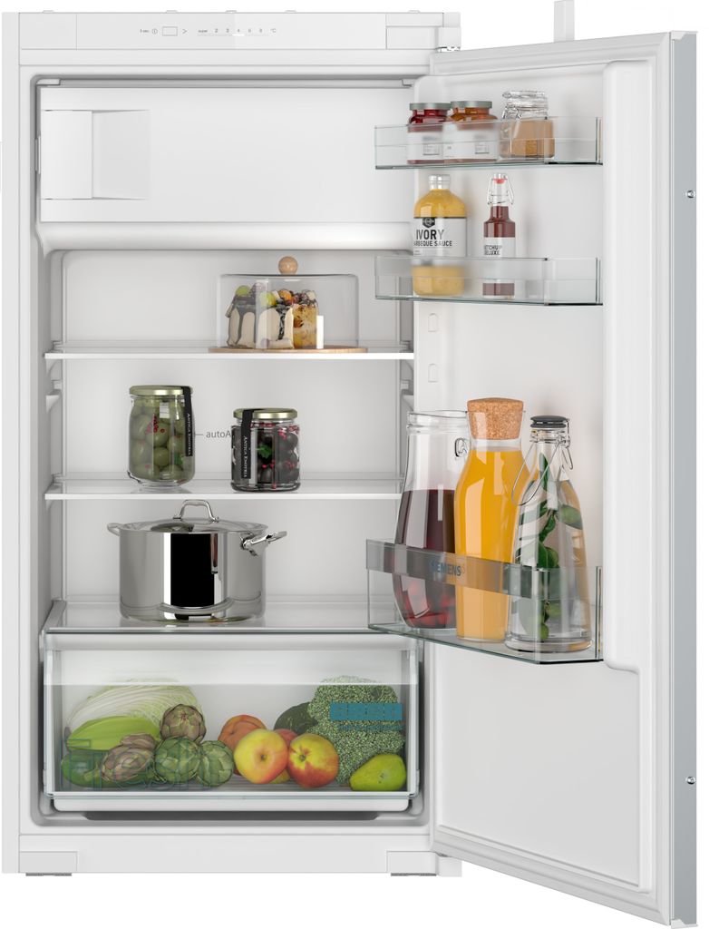 An open refrigerator with food items on shelves.