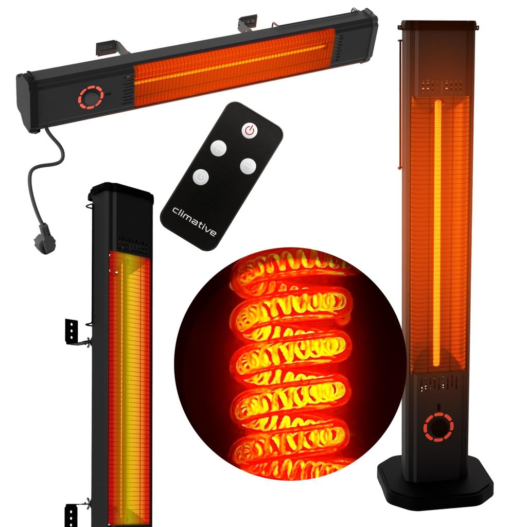 A collage of images showcasing different aspects of an infrared patio heater, including its wall-mounted and standing configurations, a close-up of the heating element, and its remote control.