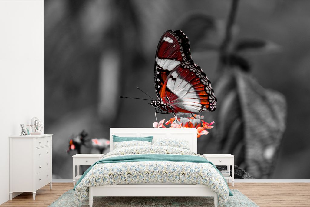 MuchoWow Fototapete für Wohnzimmer oder Schlafzimmer Wandtapete Vinyl Motivtapete Schmetterling - Tiere - Blumen - Schwarz und weiß - Orange - ...