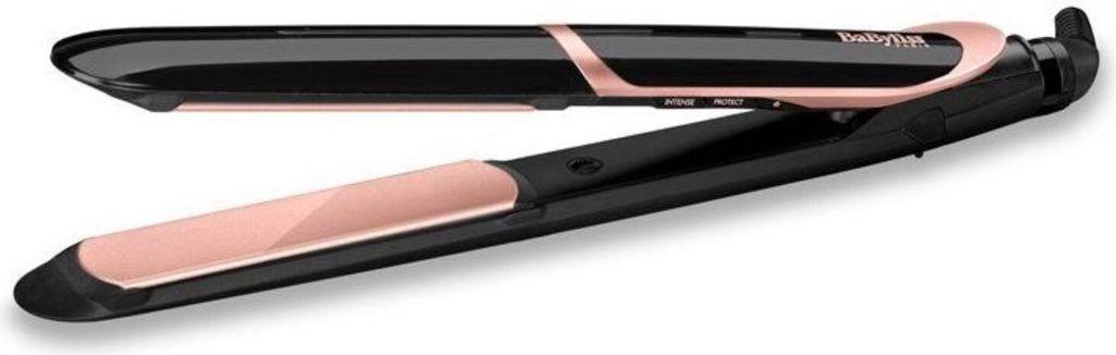 A black and rose gold BaByliss hair straightener is shown against a white background.