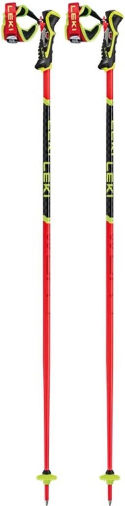 A pair of red and black ski poles with yellow accents, presented against a white background.