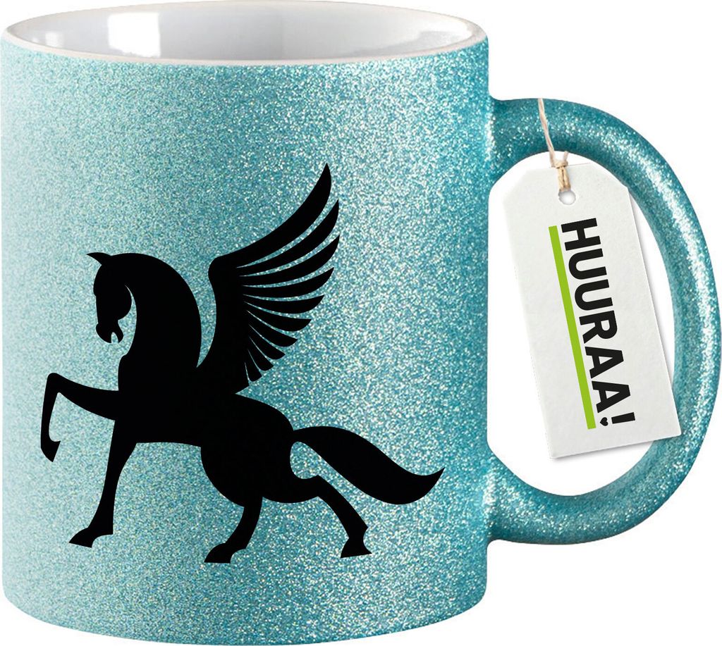 Huuraa Glitzertasse Pegasus Silhouette 330ml Blau Keramik Kaffeebecher Geschenkidee