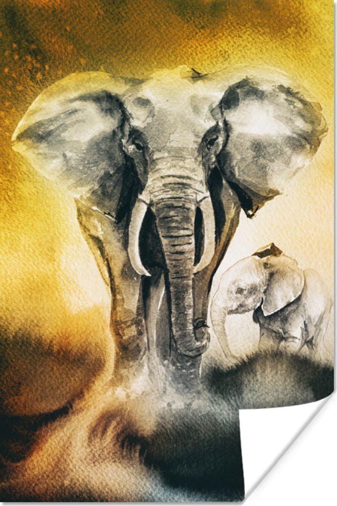 MuchoWow Poster Elefant - Aquarellfarbe - Gelb 20x30 cm - Papierdruck